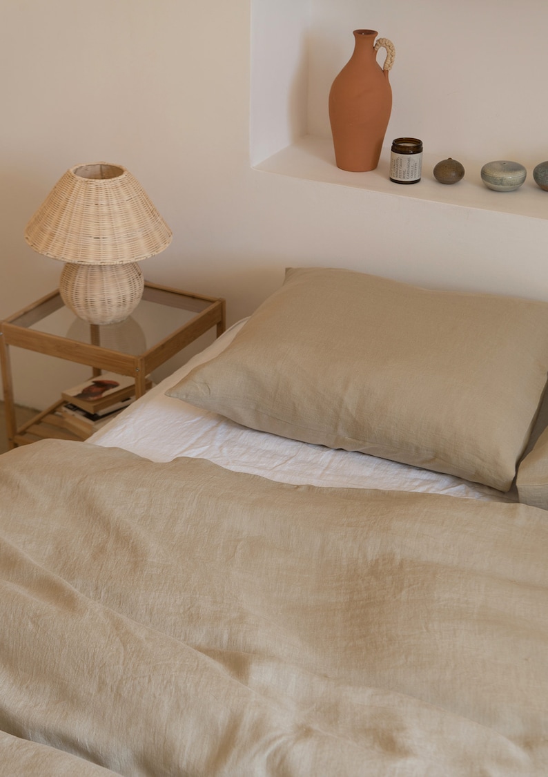 Parure de lit en lin beige : housse de couette en lin et deux taies d'oreiller en lin, parure de lit en lin lavé, queen-size et king-size image 5
