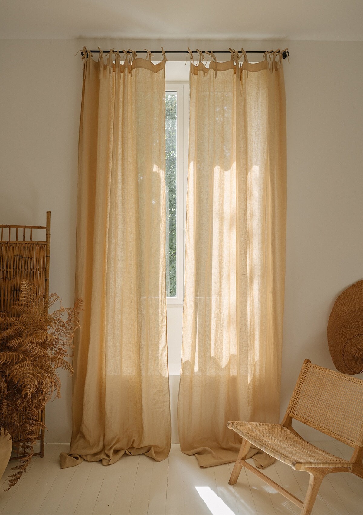 Tie top linen curtain panel, semi-sheer washed linen curtains, custom made linen drapes