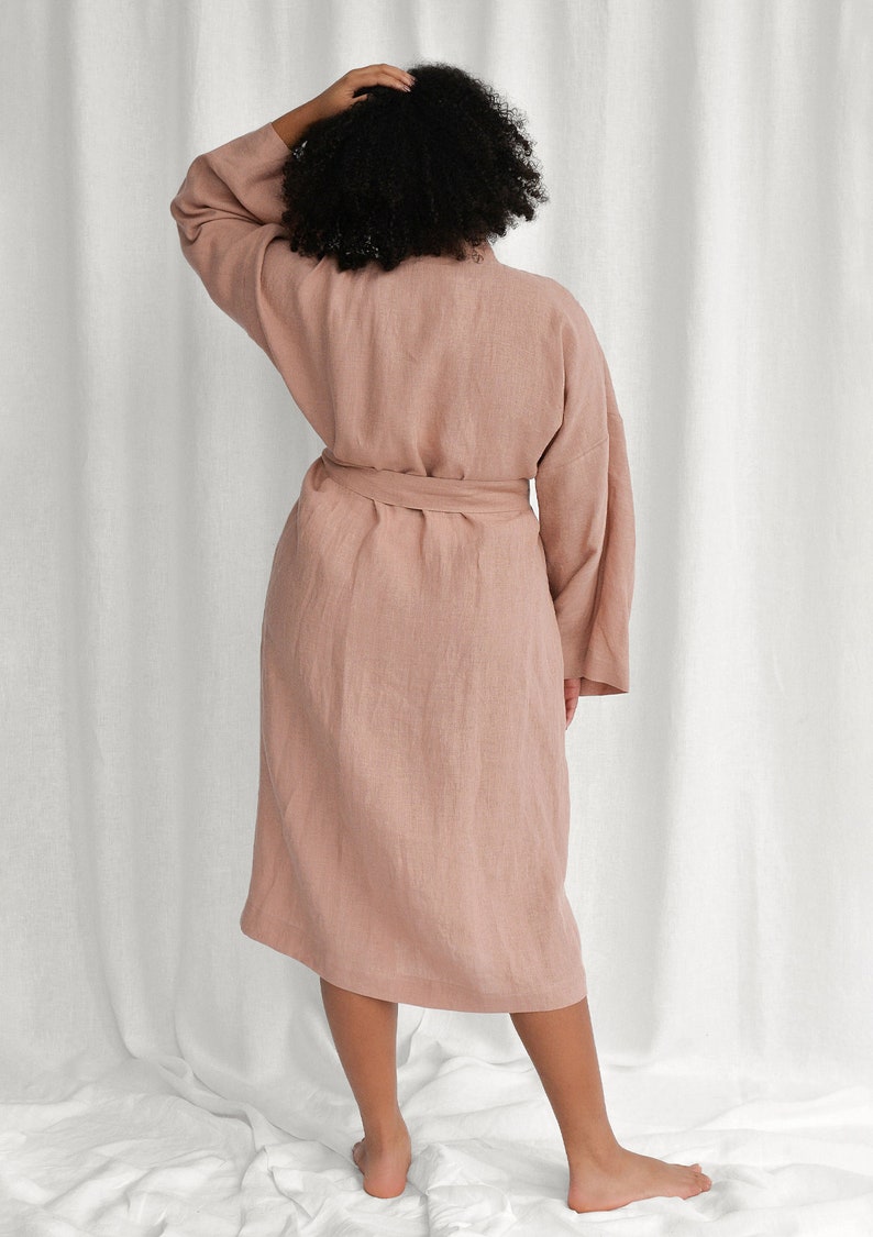 Sunset rose linen bathrobe, handmade linen kimono robe, oversized linen robe for women image 5