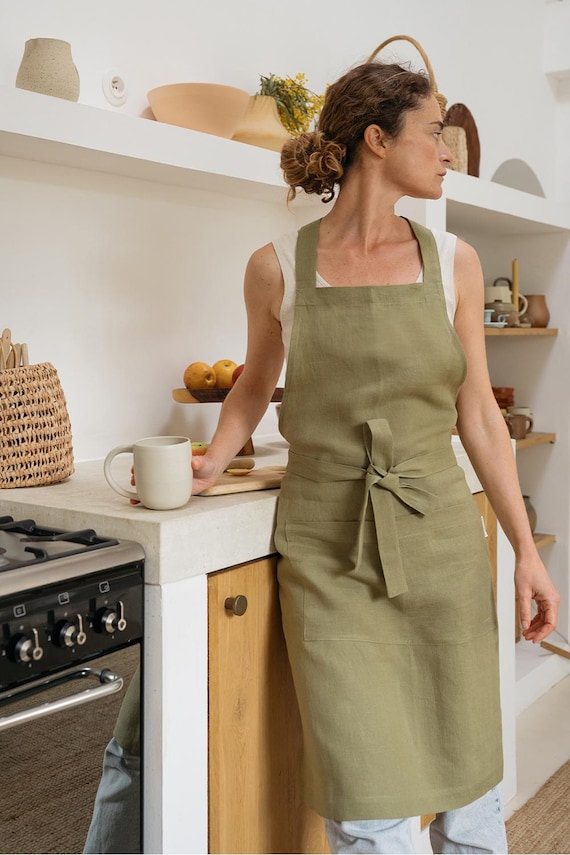 Linen Apron in Various Colors, Washed Linen Kitchen Apron