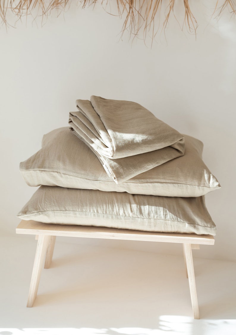 Linen duvet cover set in beige: linen duvet cover and two linen pillowcases, washed linen bedding set, Queen King sizes image 3