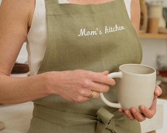 Personalized linen apron in various colors, washed linen kitchen apron with custom embroidery