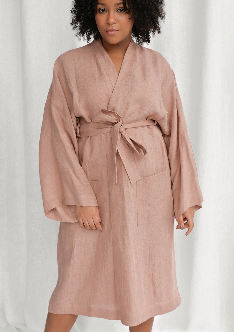 Sunset rose linen bathrobe, handmade linen kimono robe, oversized linen robe for women image 2