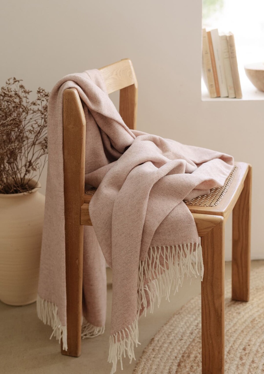 Merino Wool Blanket, 100 Natural Fine Merino Wool Throw in Blush Pink