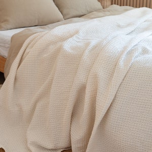 Cream white waffle weave linen blanket, linen cotton blend bed throw blanket Queen King sizes image 2