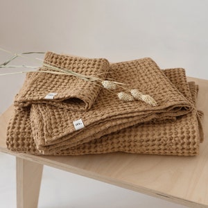 Almond waffle weave linen bath towel set