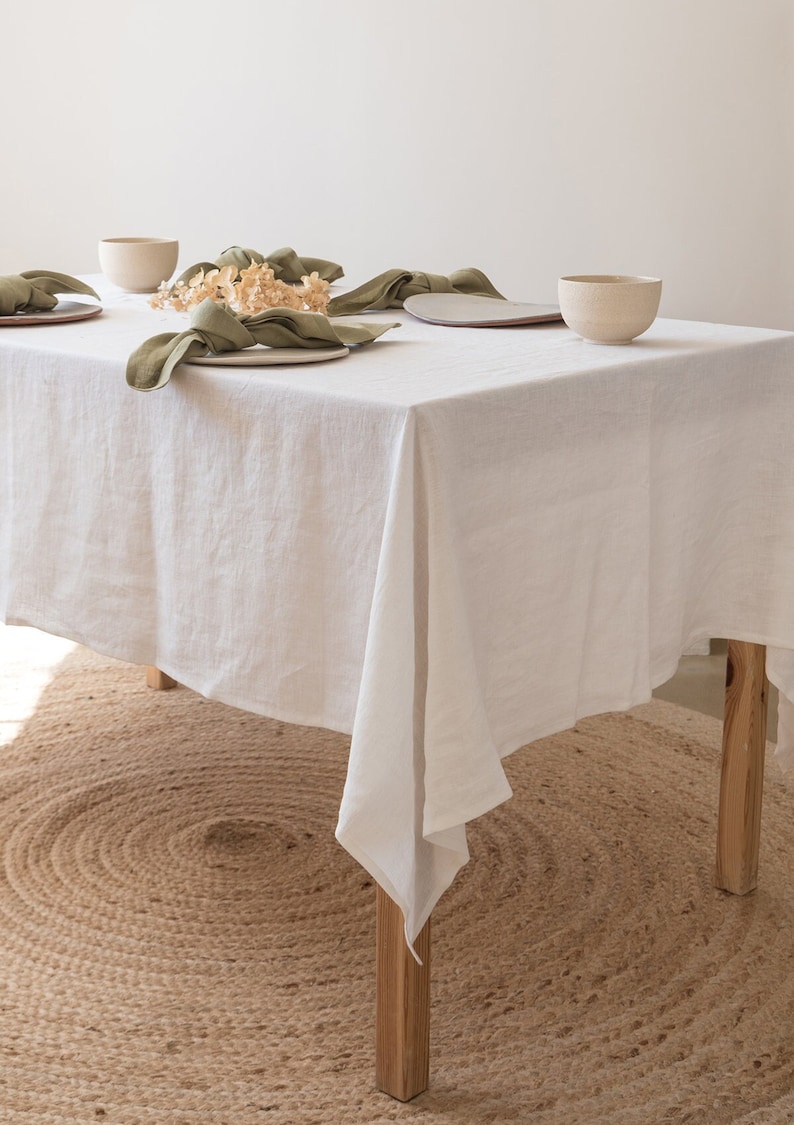 White linen tablecloth, square, rectangular linen table cloth, custom size table linens image 1