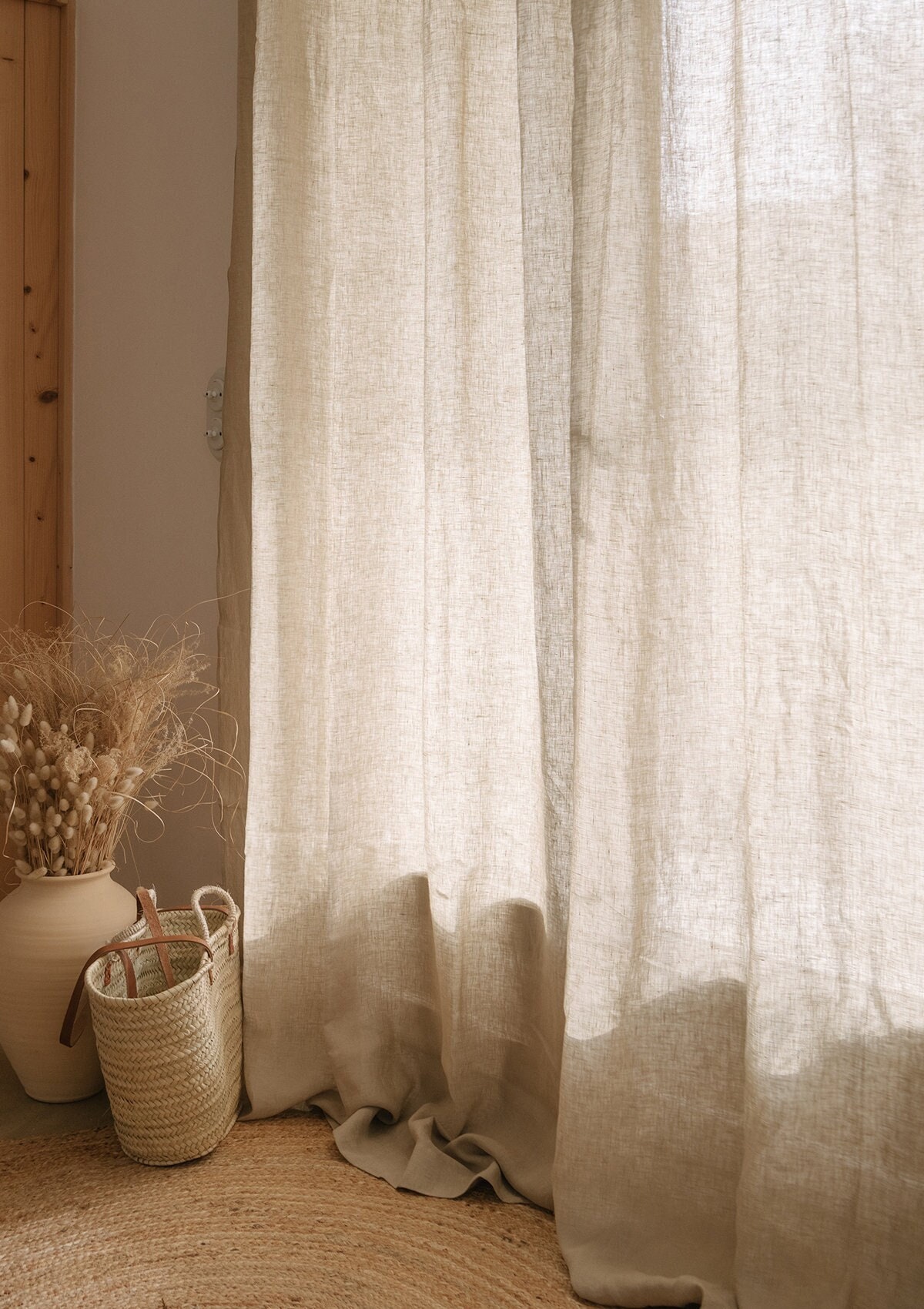 Beige linen curtains with multi-functional tape, semi-sheer washed natural linen curtain panel, custom linen curtains