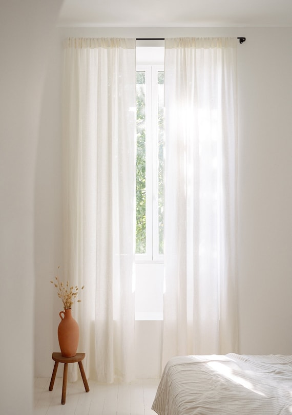 Rod Pocket White Linen Curtain Panel, Semi-sheer Washed White Linen  Curtains, Custom Made Linen Drapes 