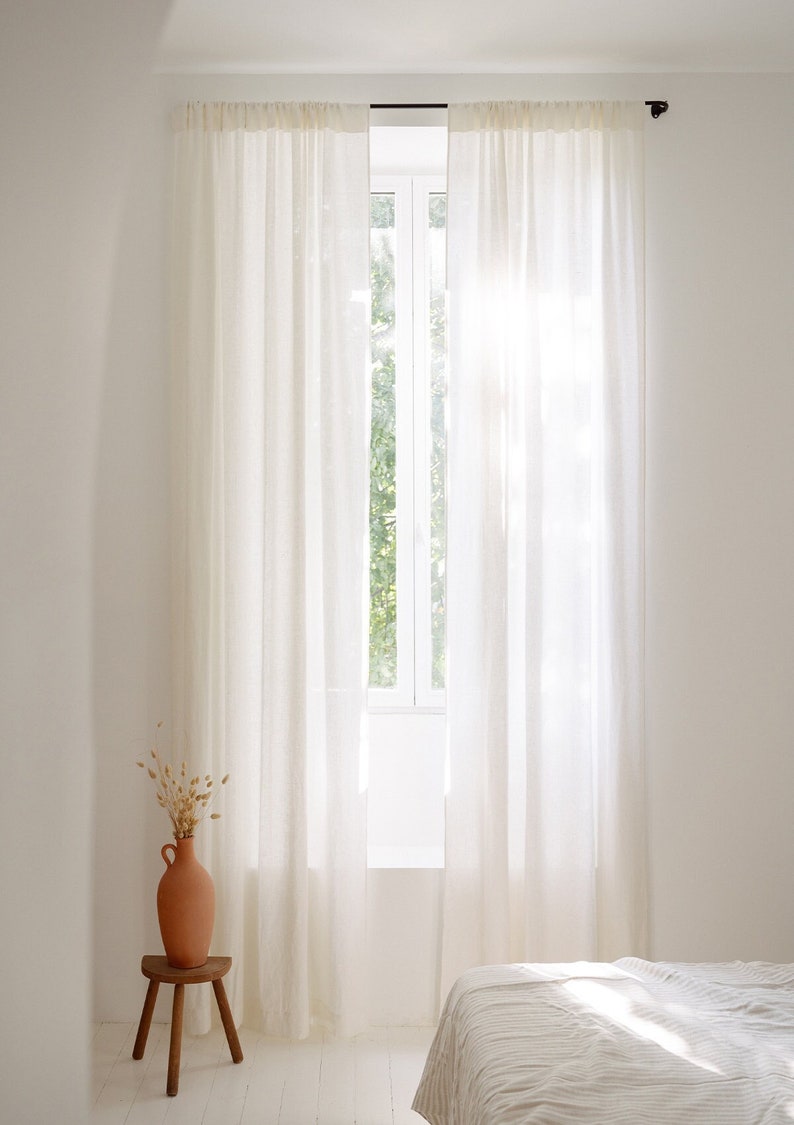 Rod pocket white linen curtain panel, semi-sheer washed white linen curtains, custom made linen drapes imagem 1