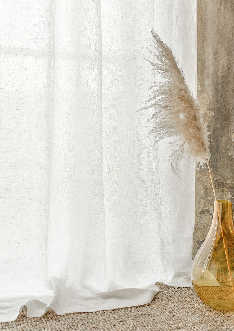 Rod pocket white linen curtain panel, semi-sheer washed white linen curtains, custom made linen drapes 画像 7