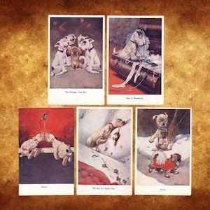 5 cartes postales vintage des années 1930 Bonzo Dog signées George Studdy par l'artiste