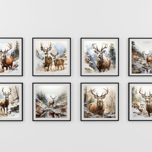 Bosque nevado pared arte ciervos pintura Navidad pared arte imprimible rústico vintage Navidad decoración naturaleza pared arte invierno decoración de temporada