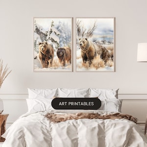 Brown Bear Watercolor Art Print, Brown Bear and Nature Painting Wall Art Decor, Wild animals Art, Brown Bear Digital Print