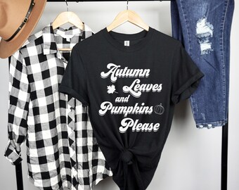 Camiseta com folhas e abóboras de outono, camisa de abóbora, camisa fofa de outono, camisa de abóbora de outono, camiseta engraçada de outono, camisa de ação de graças, presente