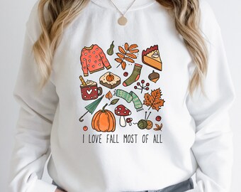 Jag älskar hösten mest av allt tröja, hösttröja, söt hösttröja, höst-T-shirt, Halloween pumpa latte, kaffeälskare-tröja, Thanksgiving-tröja