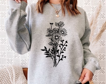 Blumen Sweatshirt, Wildblumen Pullover, Damen Hoodie, Sweatshirts, Hoodies, Blumen Shirt, Freundin Geschenk, Plus Size Pullover