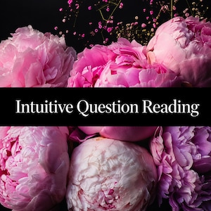 May include: A collection of vibrant pink peony flowers arranged against a dark background, featuring a prominent black horizontal band across the center with the white text Intuitive Question Reading printed in a clear serif font.
