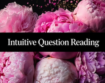 May include: A collection of vibrant pink peony flowers arranged against a dark background, featuring a prominent black horizontal band across the center with the white text Intuitive Question Reading printed in a clear serif font.