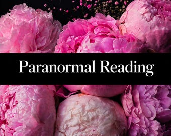 May include: A cluster of vibrant pink peony flowers with layered petals, accented by small purple filler flowers against a dark background. A black horizontal banner across the center displays the white text Paranormal Reading in a serif font.