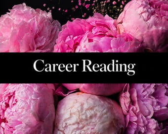 May include: A collection of vibrant pink peony flowers arranged against a dark background, featuring a prominent black horizontal band across the center with the white text Career Reading printed in a clean, serif font style.