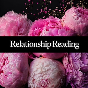May include: A collection of vibrant pink peony flowers arranged against a dark background, featuring a prominent black horizontal band across the center with the white text Relationship Reading printed in a clean, serif font style.