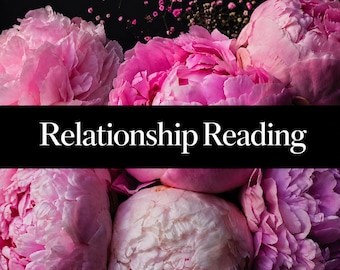 May include: A collection of vibrant pink peony flowers arranged against a dark background, featuring a prominent black horizontal band across the center with the white text Relationship Reading printed in a clean, serif font style.