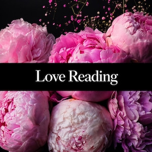 May include: A cluster of vibrant pink peony flowers arranged against a dark background, featuring a prominent black horizontal band across the center with the white text Love Reading printed in a clean, serif font style.