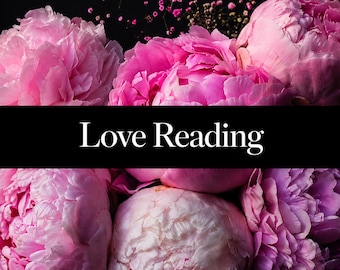 May include: A cluster of vibrant pink peony flowers arranged against a dark background, featuring a prominent black horizontal band across the center with the white text Love Reading printed in a clean, serif font style.