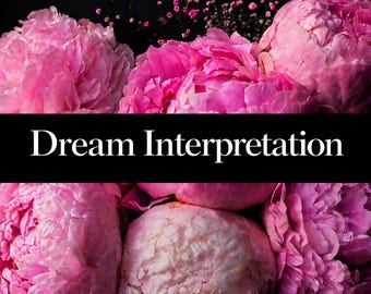 May include: A cluster of vibrant pink peony flowers against a dark background, featuring a horizontal black rectangular banner across the center with the white text Dream Interpretation printed in a clean, serif font style.