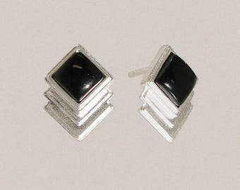 Minimalist Vintage Diamond Shape Silver Earrings with Black Onyx earrings