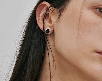 Premium Silver Black Obsidian Orbital-Design Matte Oval Stud Earrings