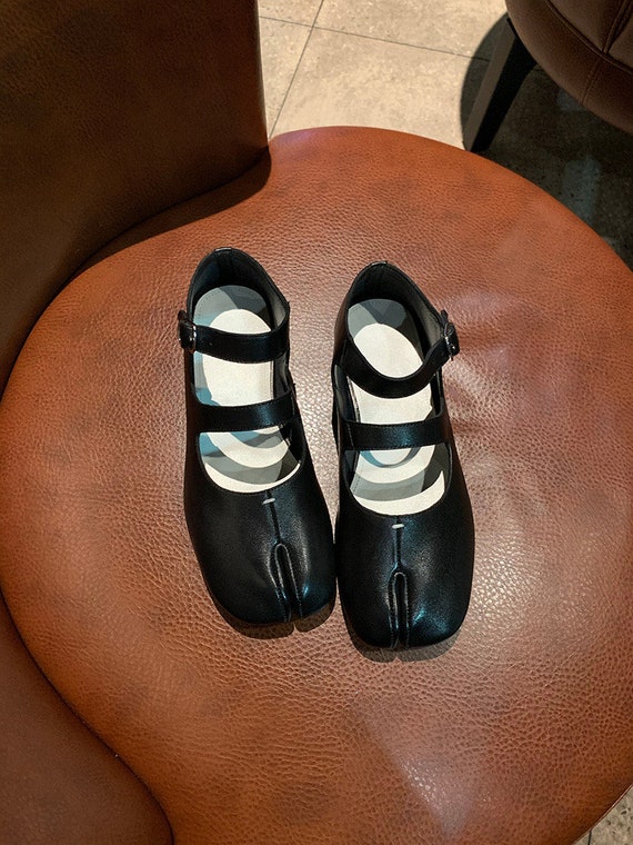 Genuine Leather Tabi Mary Jane Shoes-soft Lamb Skin Double Strap