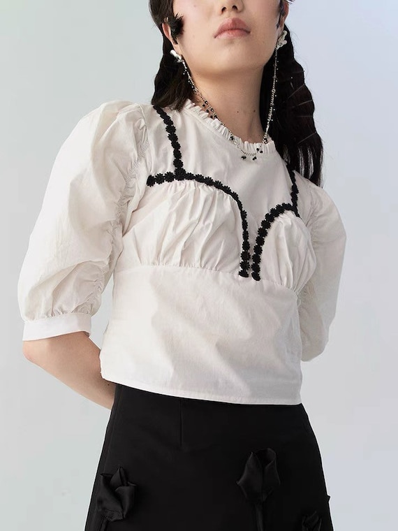 Victoria Blouse, Vintage Style White Short Sleeves