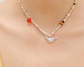 Bird and Fruit Silver beaded Necklace