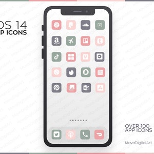May include: A smartphone screen displaying a collection of app icons in a grid layout. The icons are in various colors, including pink, green, and gray. The text "iOS 14 APP ICONS" is displayed at the top of the screen. The text "OVER 100 APP ICONS" is displayed at the bottom of the screen.