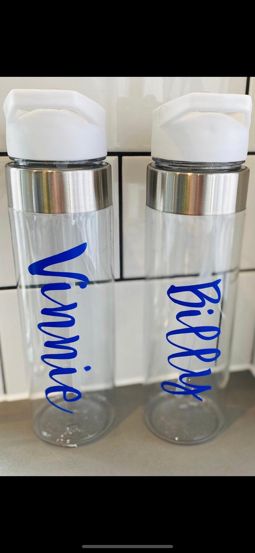 Personalised drinks bottle clear with white lid. Etsy