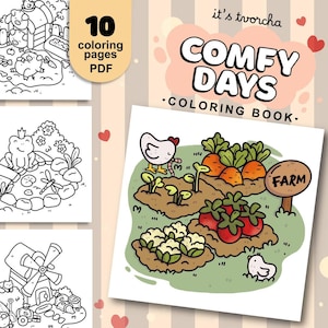 Op de afbeelding: Een zwart-witte kleurplaat met een boerenscène met een kip, wortels, aardbeien en een bord met de tekst "FARM". De titel van het boek is "COMFY DAYS - KLEURBOEK" en de tekst "it's tvorcha" is ook inbegrepen.
