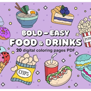 Food & Drinks Coloring Book | Bold and Fun Printable Pages | Digital Download PDF | Easy Food Art for Adults and Kids