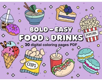 Food & Drinks Coloring Book | Bold and Fun Printable Pages | Digital Download PDF | Easy Food Art for Adults and Kids