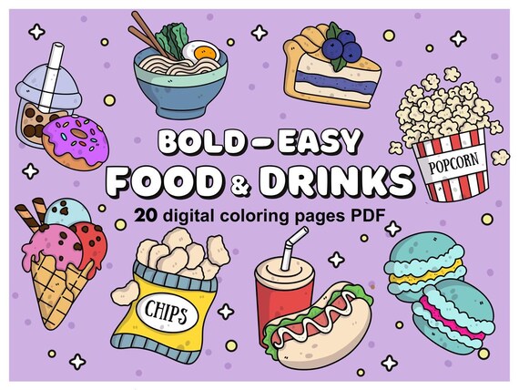 Food & Drinks Coloring Book for Adults, Fun and Bold Printable Pages (PDF Download)