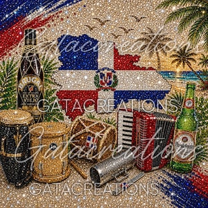 May include: A sparkling mosaic artwork featuring a Brugal rum bottle, a Presidente beer bottle, two drums, an accordion, and a guiro. The background displays the Dominican Republic flag and palm trees, all rendered in shimmering, multi-colored crystals.