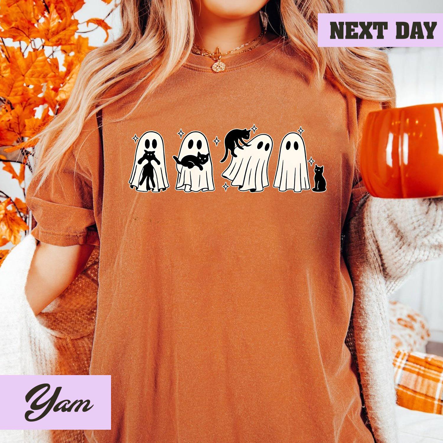 Halloween Black Cat & Ghost Comfort Colors Shirt, Halloween Ghost Tshirt, Spooky Season Cat Tee, Halloween Cute Women Outfit, Halloween Gift