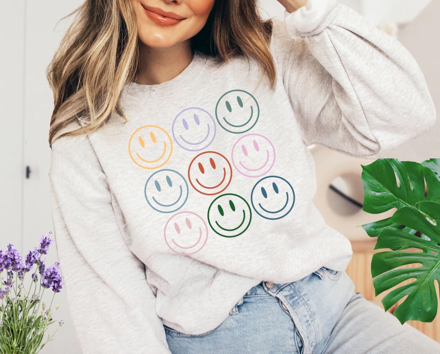 Y2k Aesthetic Smiley Face Color Block Knit Denim Sweatshirt Clothing –  sunifty
