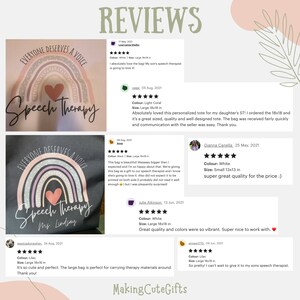 May include: Reviews for a personalized tote bag with a rainbow and the text "Everyone Deserves a Voice" and "Speech Therapy". The bag is available in multiple colors and sizes. The reviews are positive and highlight the quality and design of the bag.
