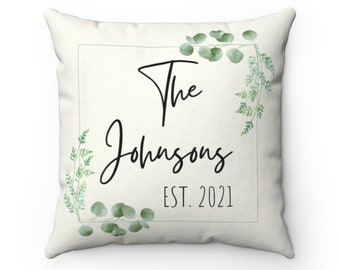 Custom Throw Pillow, Personalized Family Name Cushion, New Couple Est, Rustic Home Decor Leaf Cushion Last Name est Unique Wedding Gift Idea