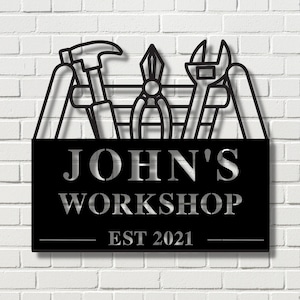 Letrero de taller personalizado, letrero de garaje personalizado, letrero para cobertizo de herramientas, letrero de taller, regalo de manitas, letrero de regalo del día del padre, letrero de metal personalizado