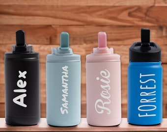 Personalisierte Kinderwasserflasche mit Strohhalm, Schulanfang, 12-Unzen-Edelstahl mit individueller Lasergravur für Jungen und Mädchen, Sommercamp