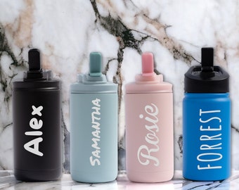 Personalized Kids Water Bottle with Straw, Back to School, 12 oz Stainless Steel Custom Laser Engraved for Boys and Girls, Summer Camp