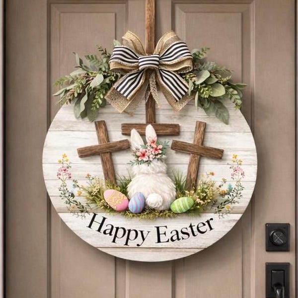 Easter Door Hanger, Christian Easter Front Door Decor, Bunny Cross Religious Spring Wreath, Happy Easter Farmhouse Sign